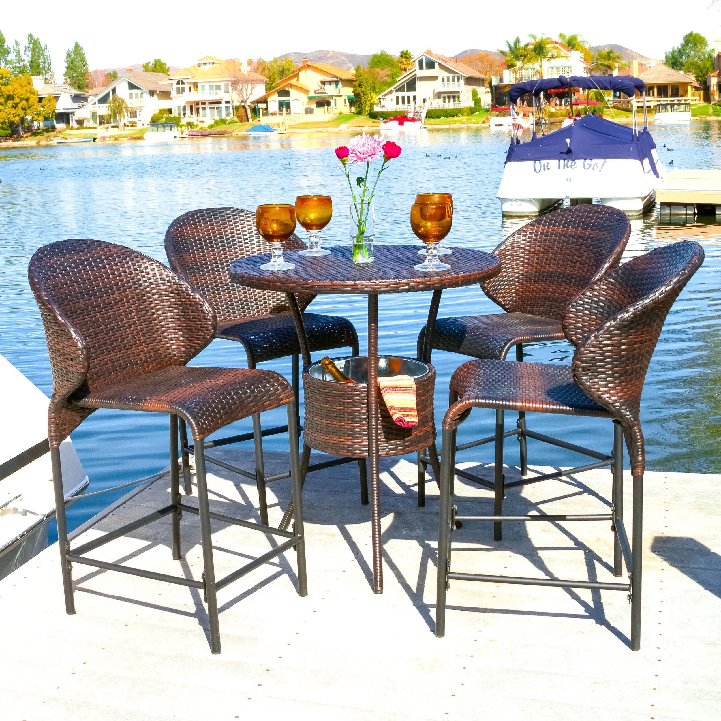 Bennett 5 Piece Wicker Outdoor Bistro Bar Set with Ice Pail, Multi-brown