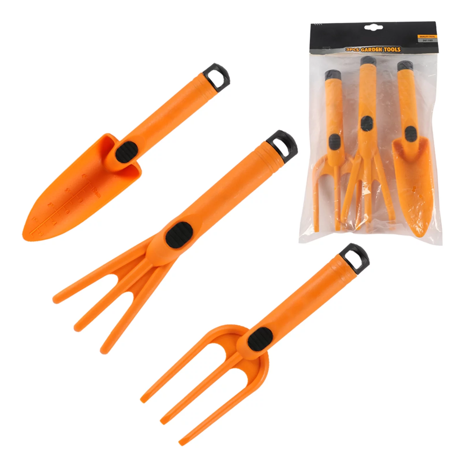 BIGTREE 3pc Plastic Garden Tool Set Orange Durable Transplanter Hand Rake Cultivator Kit