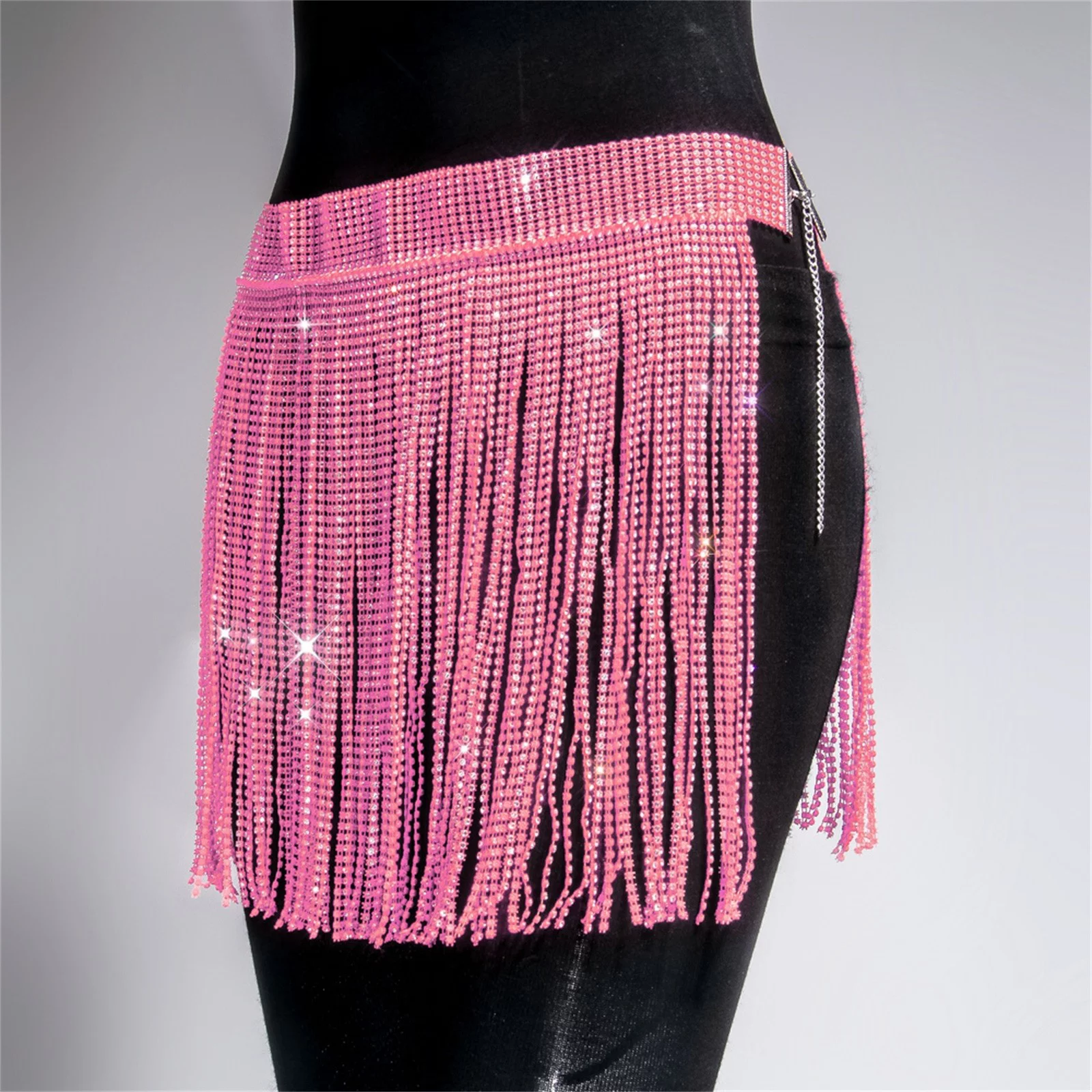 Summer Jean Skirt Women'S Sexy Glitter Diamond Straps Splicing Tassel Grid Half Skirt Skirt Hangers With Clips White Velvet