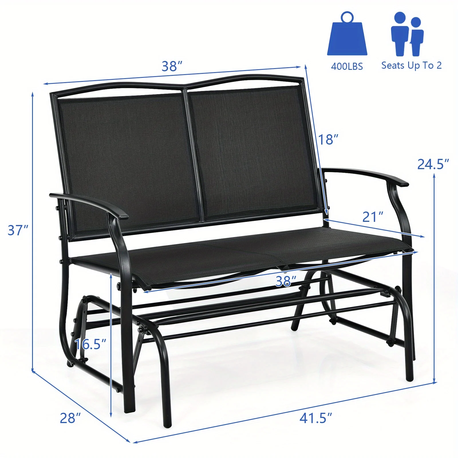 Patio Glider Rocking Bench Double 2 Person Chair Loveseat Garden Black