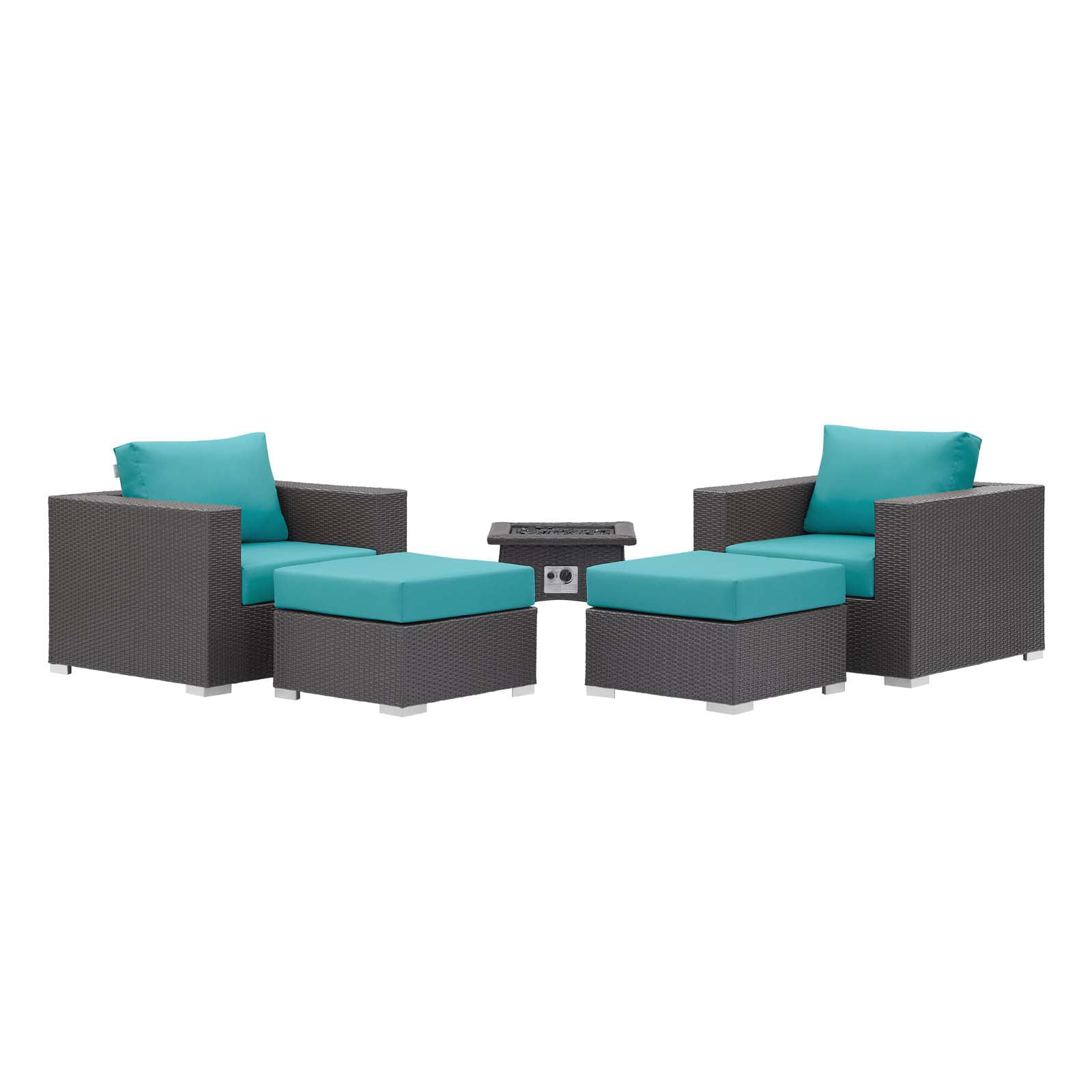 Contemporary Modern Urban Designer Outdoor Patio Balcony Garden Furniture Lounge Sofa, Chair and Coffee Table Fire Pit Set, Fabric Rattan Wicker, Blue