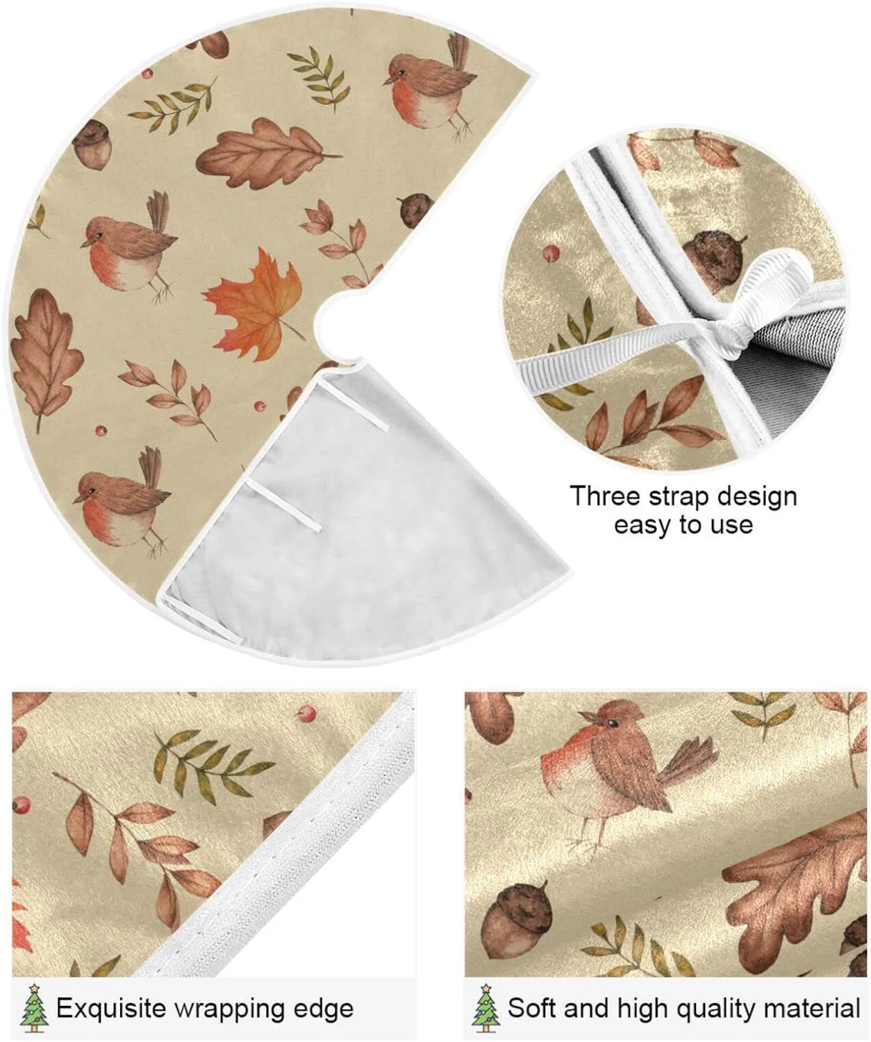 Wellsay Autumn Birds Maple Leaves Tree Skirts for Festive Holiday Party Decoration , Acorns Fall Christmas Tree Mat Indoor Outdoor,Tree Cover Skirt Ornaments 48inch for Home Office