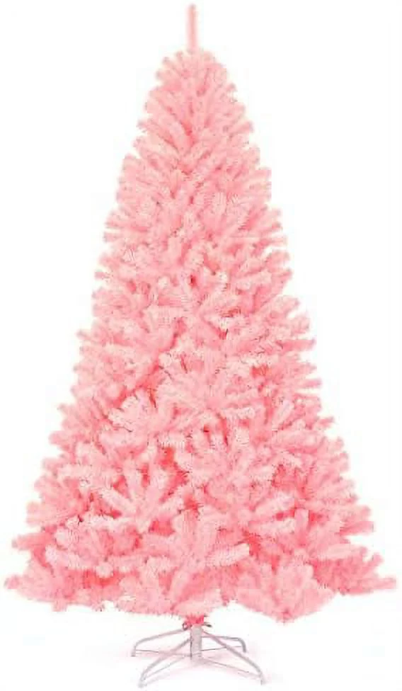 7.5Ft Unlit Pink Artificial Christmas Tree, Hinged Spruce Full Tree With Metal Stand, 100% New PVC Material, Xmas Tree For Indoor And Outdoor Decoration