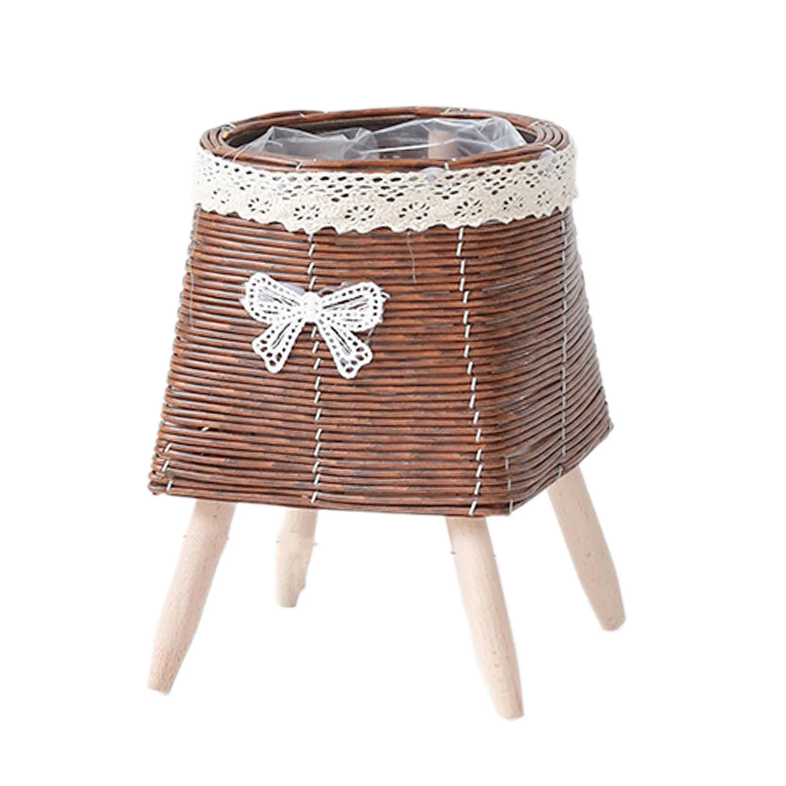 SunniMix Plant Basket with Legs Flower Pot Wooden Standing Legs for Cafe Office Decor Bottom