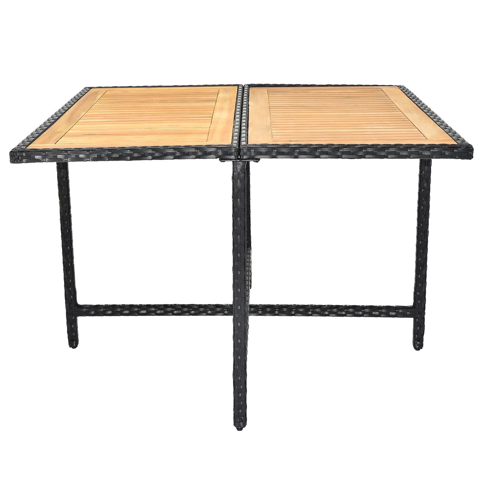 9-Piece Acacia Wood Patio Dining Set with Space Saving Wicker Chairs, Soft Cushions, and Wood Table - Outdoor Furniture Set for Garden, Yard, and Poolside (Black)