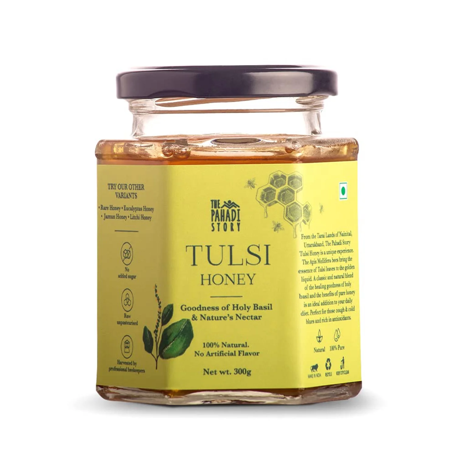 The Pahadi Story Tulsi Honey 300g, Raw and Unfiltered Honey with the Goodness of Holy Basil, 100% Natural Lab Tested Honey In Glass Bottle