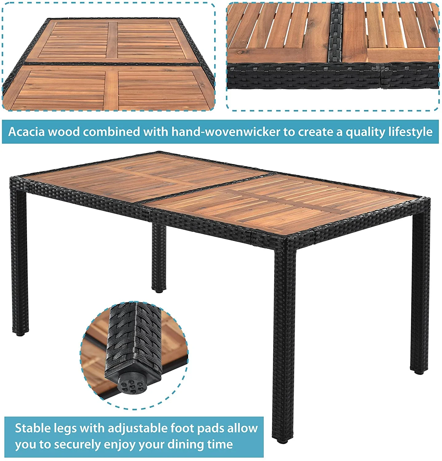 7 Piece Outdoor Patio Dining Set for 6  Rattan Wicker Furniture with Acacia Wood Top Table and Stackable Armrest Chairs with Cushions  Brown