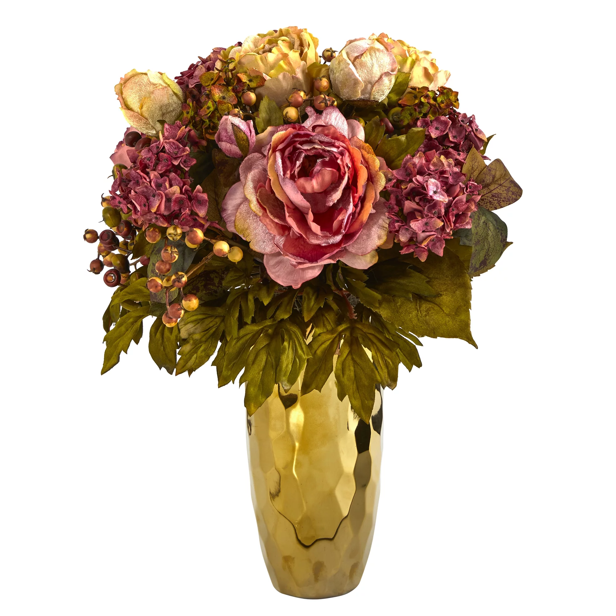 Nearly Natural 19in. Peony Artificial Arrangement in Gold Vase
