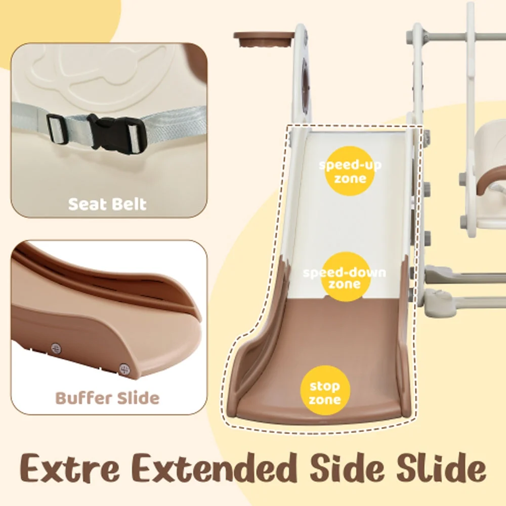 4 in 1 Slide and Swing Set, Kids Playground Climber Slide Playset with Basketball Hoop,Freestanding Combination - Coffee