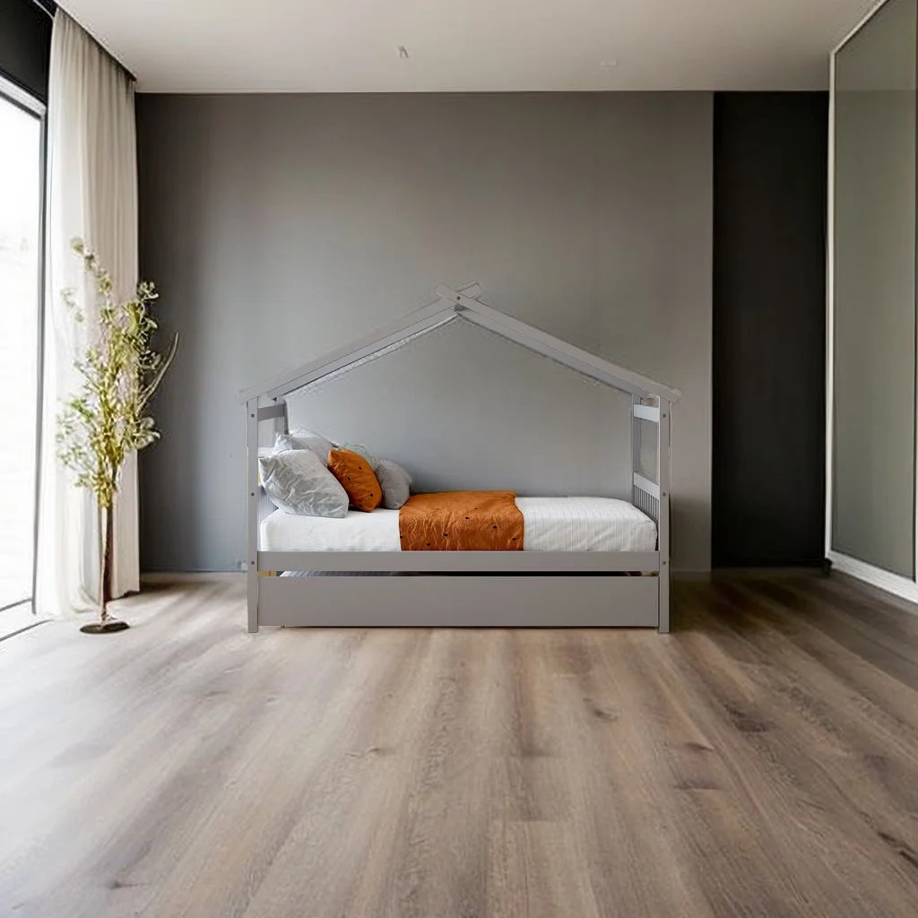 Twin House Bed for Kids,Wooden House Bed Frame with Twin Size Trundle Bed,Roof Design Twin Bed with Headboard for Girls,Teens,Adult