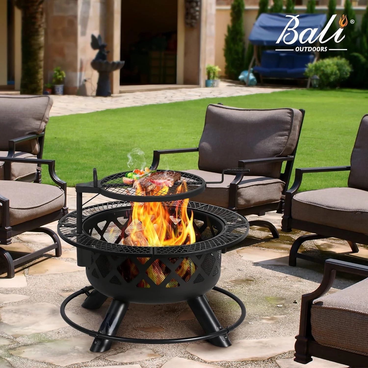 Wood Burning Fire Pit with Quick Removable Cooking Grill, Black, 32in