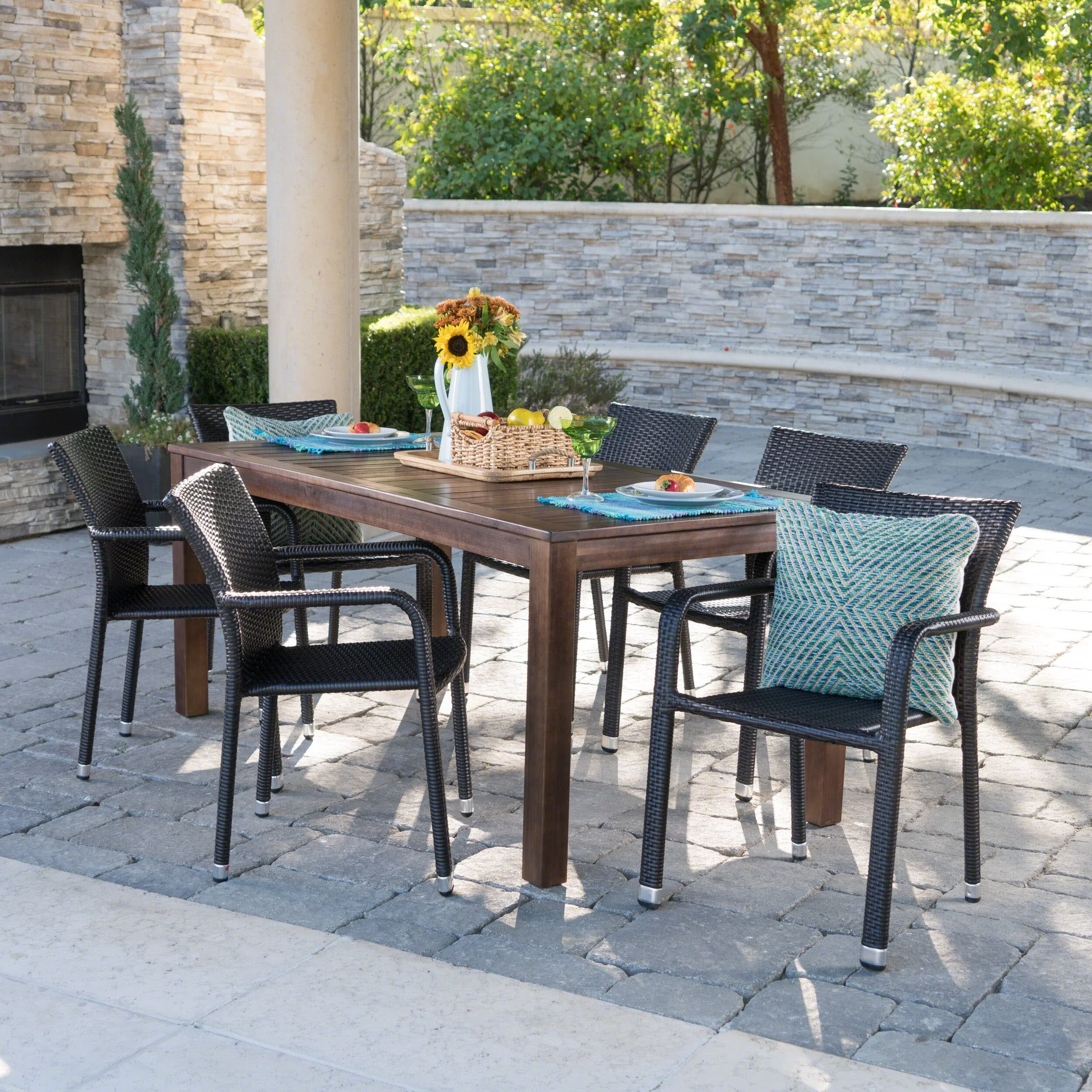 Christopher Knight Home Newcastle Outdoor 7-Piece Rectangle Aluminum Wicker Wood Dining Set by