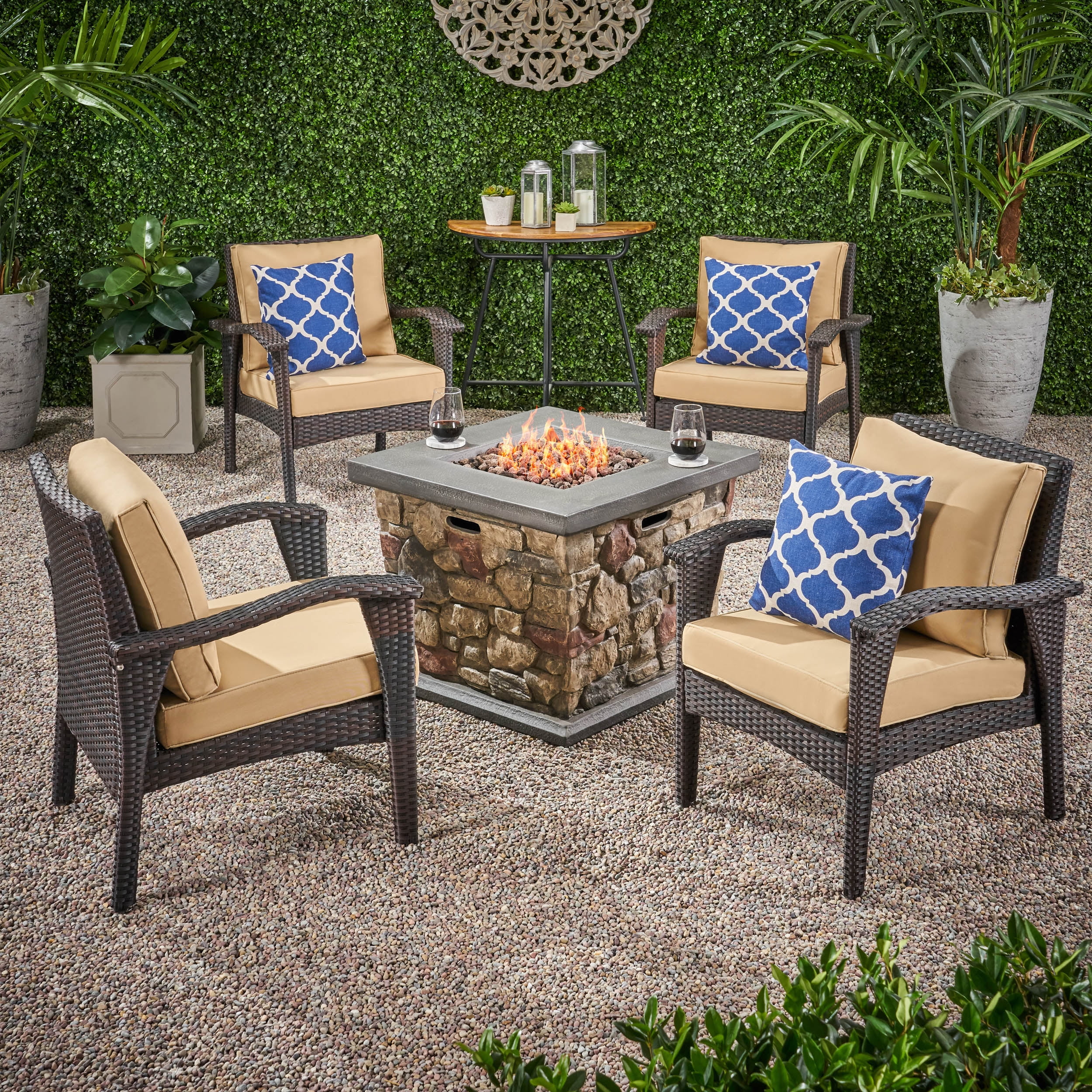 GDF Studio Makenah Outdoor 4 Club Chair Chat Set with Fire Pit, Brown and Tan
