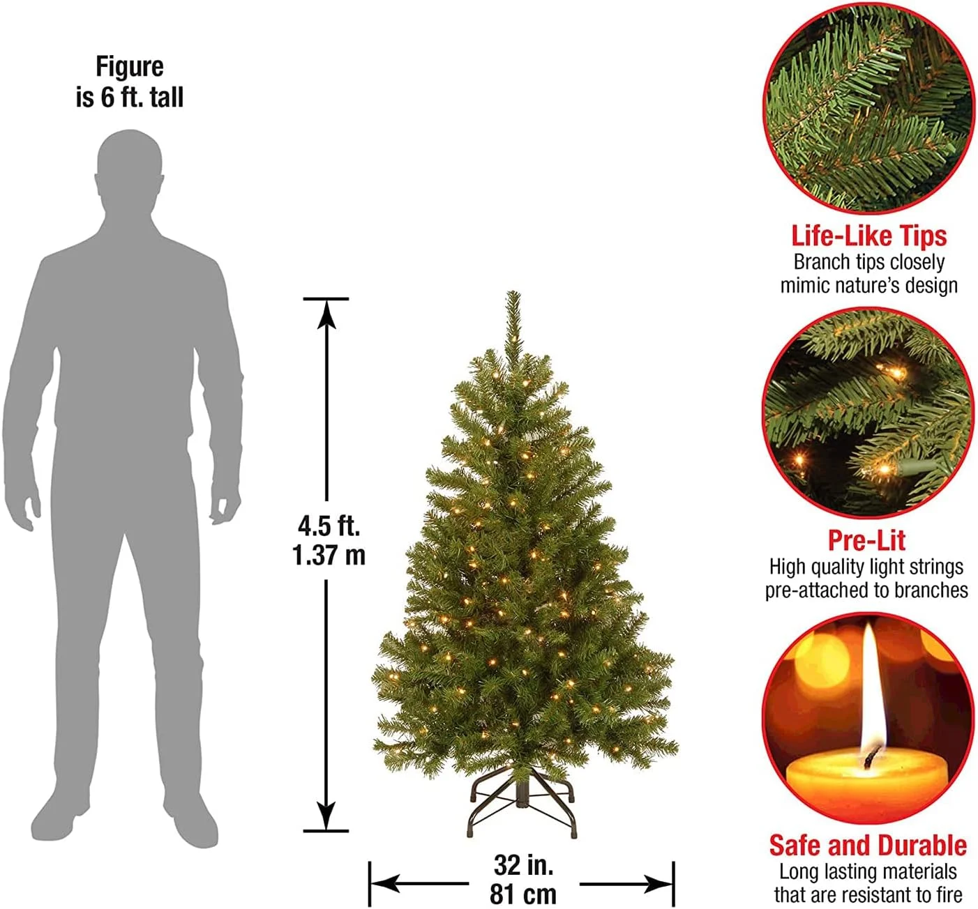 Artificial Full Christmas Tree, Green, North Valley Spruce, White Lights, Includes Stand, 4.5 Feet