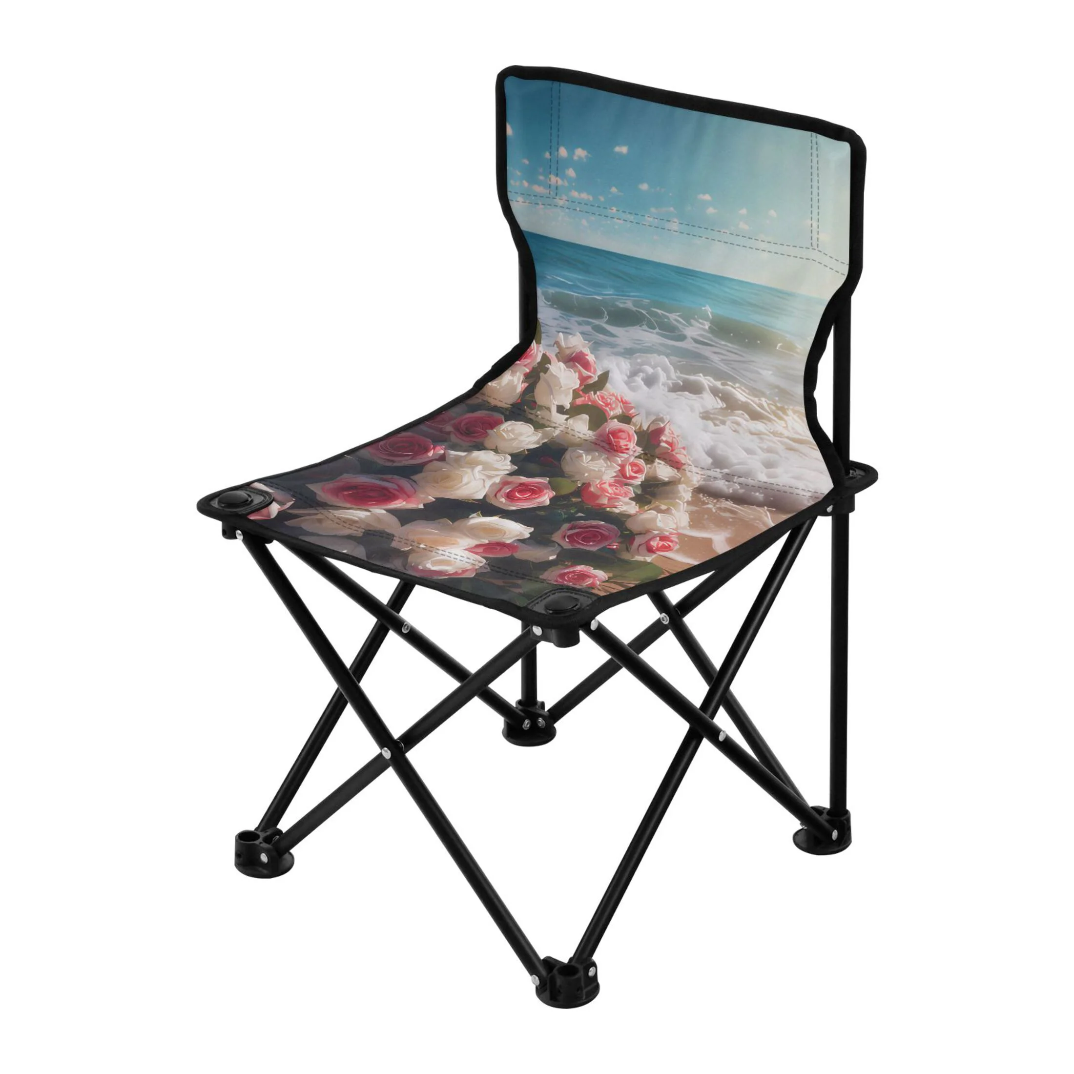 Pink Rose Flowers on Beach Portable Camping Chair Outdoor Folding Beach Chair Fishing Chair Lawn Chair with Carry Bag Support to 220LBS