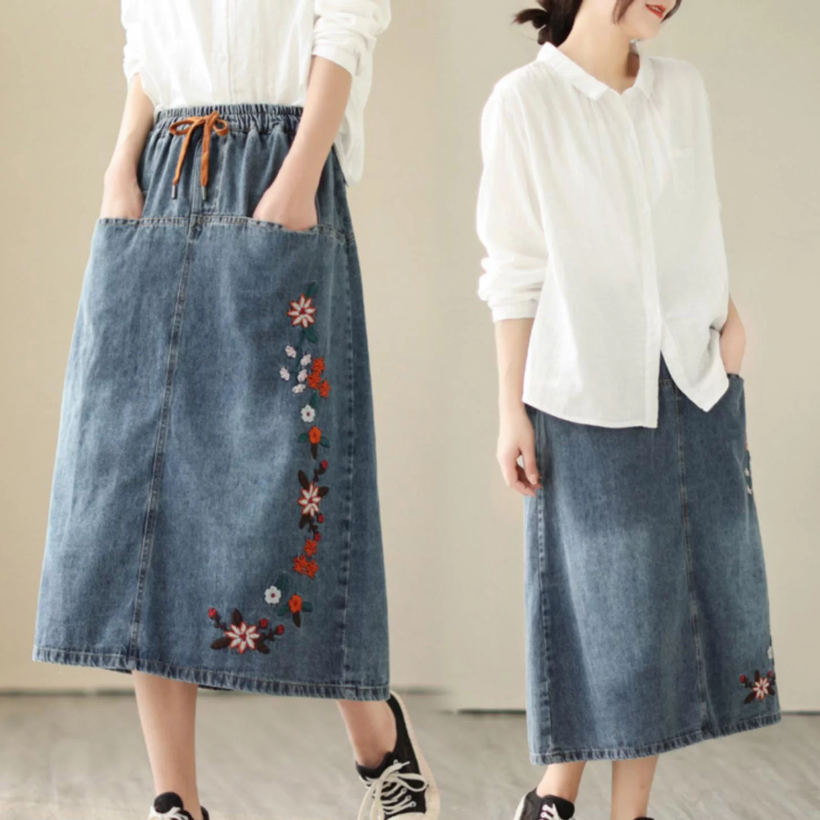 Autumn Cargo Skirt Spring And Summer Half Skirt Elastic Waist A Line Skirt High Waist Embroidery Denim Retro Mid Length Style Two Piece Skirt Set