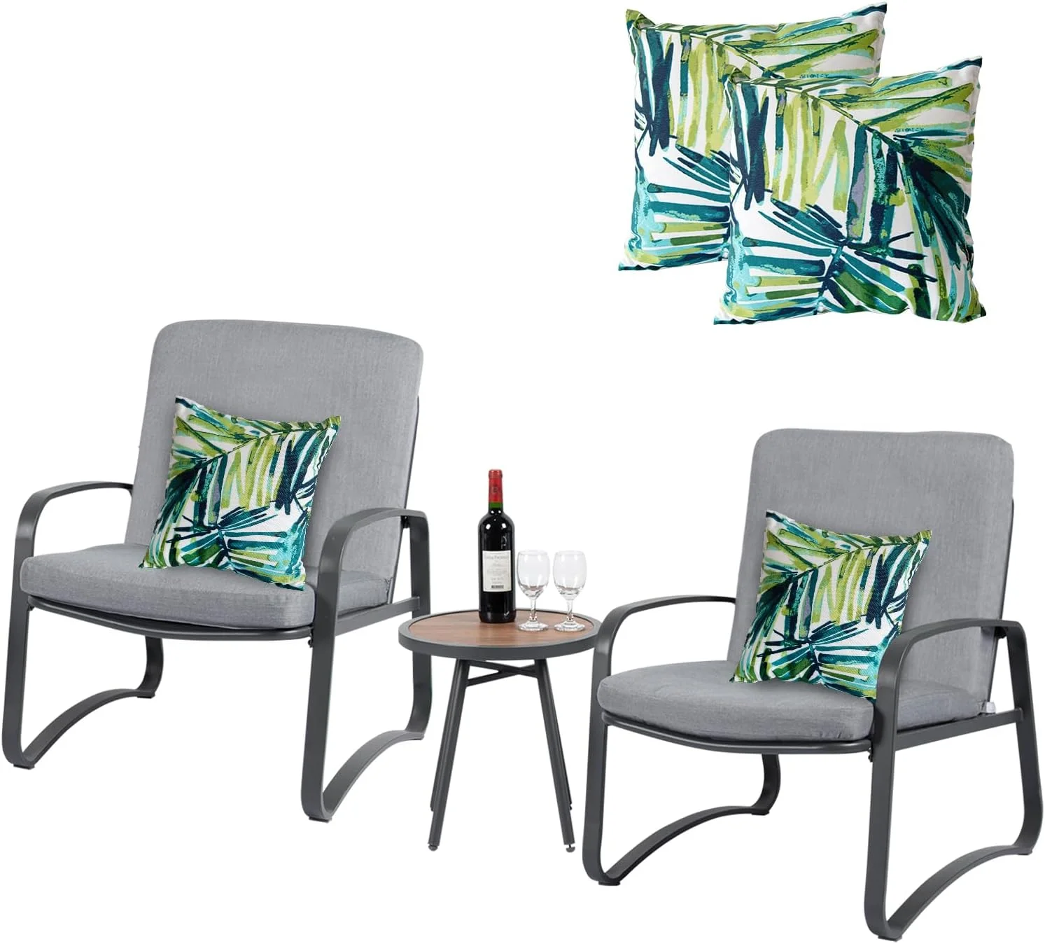 3 Pieces Bistro Furniture Set,Iron Patio Outdoor Furniture Set with All Weather Conversation Sets with Porch Chairs and Tempered Glass Table Coffee Table, Grey