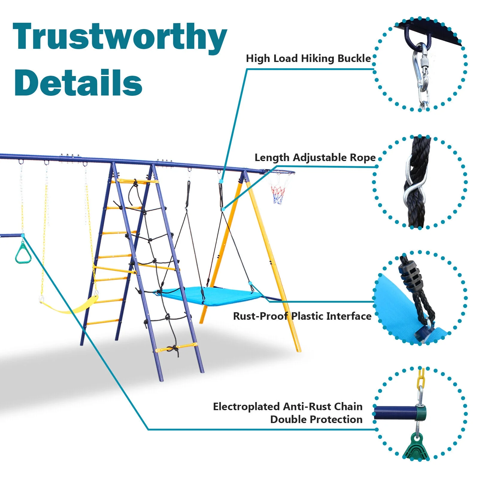 Outdoor Swing Set 7-in-1 Swin Set with A-Frame Slide 2 Swin Climbing Net Ladders