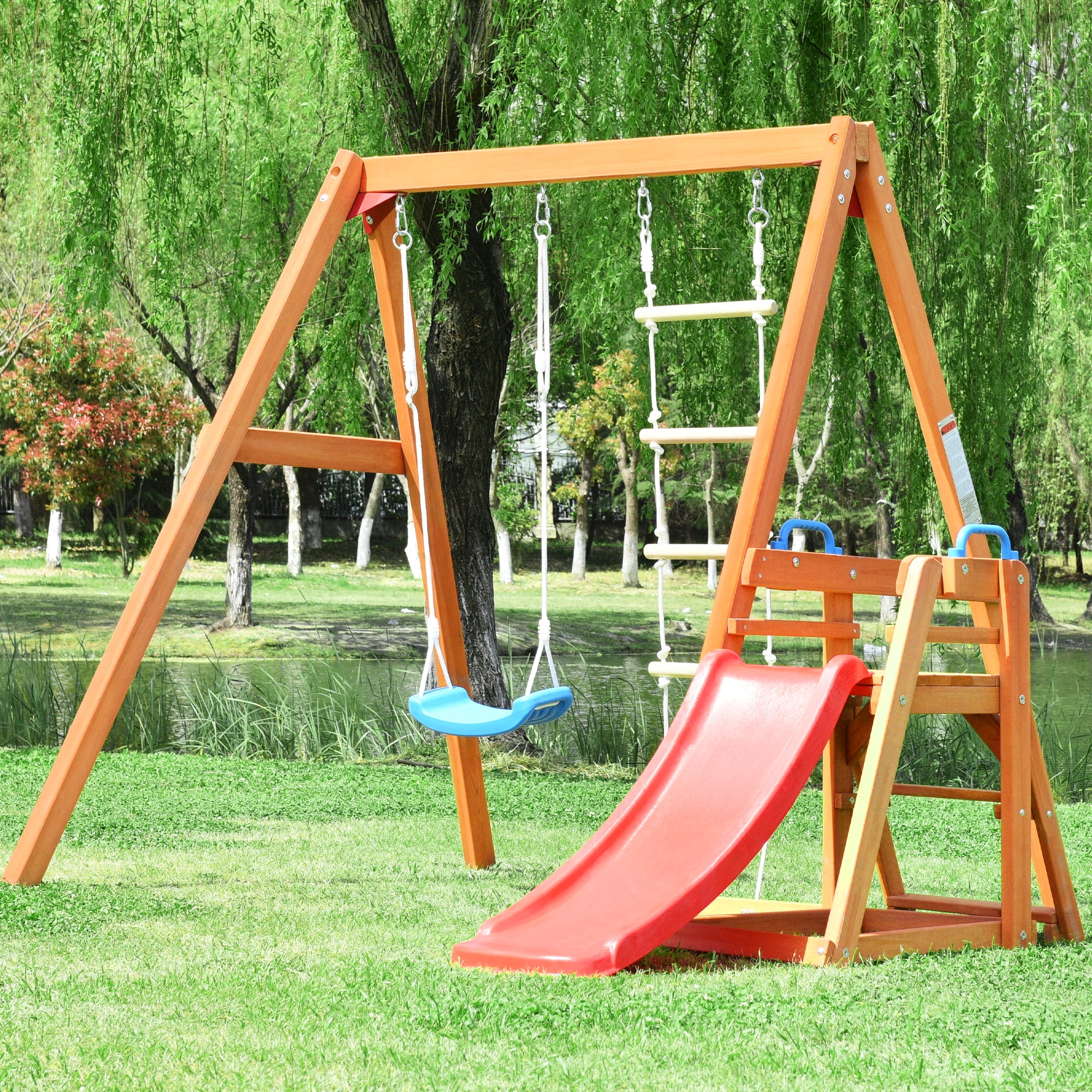 uhomepro Wood Swing Set for Backyard with Slide, Swings and Climbing Rope, 3-in-1 Kids Playground Sets, Outdoor Toys for Girls Boys 3-10 Year Olds
