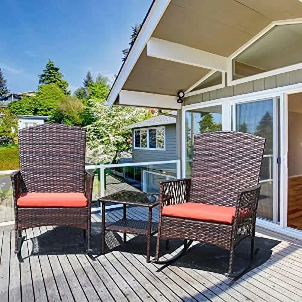 LNSETGC Outdoor Rattan Wicker Rocking Chair 3 Pieces Patio Conversation  Bistro Sets with  and Cushions for Porch Garden and Balcony