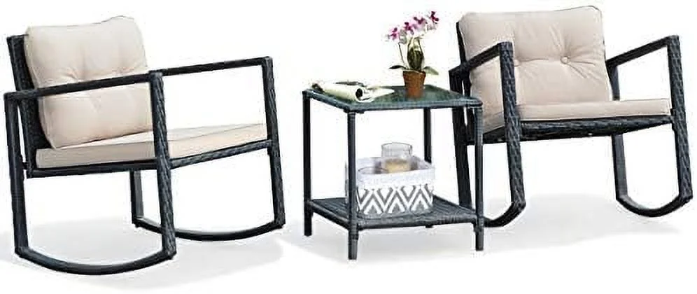 CHIOKN 3 Pieces Patio Wicker Rocking Set  Outdoor Rocking Chairs and Table Set with Cushions  Glass Coffee Table with    Suitable for Patio  Garden  Poolside  Balcony (Beige)