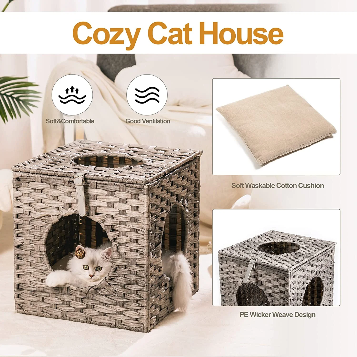 Ratten Cat House Condo with Rattan Interactive Hanging Ball Toy *4 & Cotton Cushion, Enclosed Wicker Cat Bed, Gray