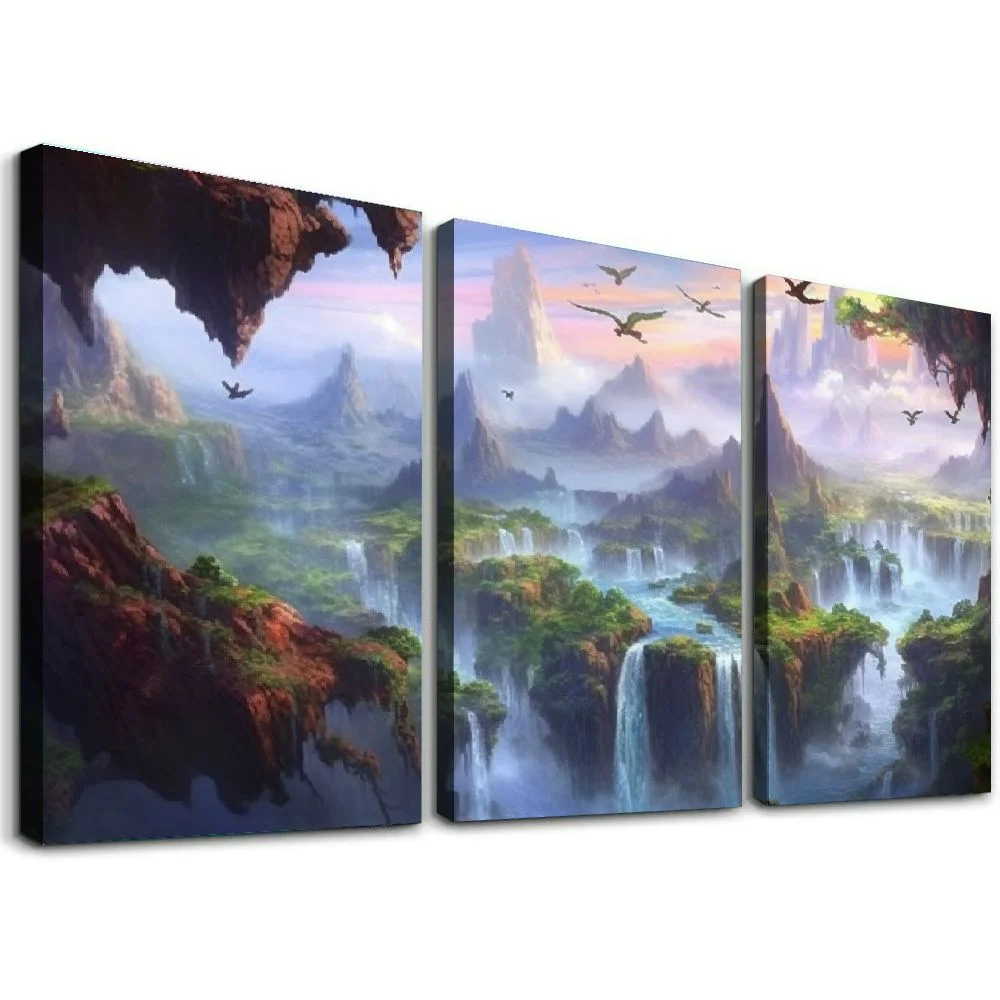 Jiayy Waterfall Rainbow Birds Art Wall Decor Oil Painting 12x16in x3 Print On Canvas 12x16x3pcs