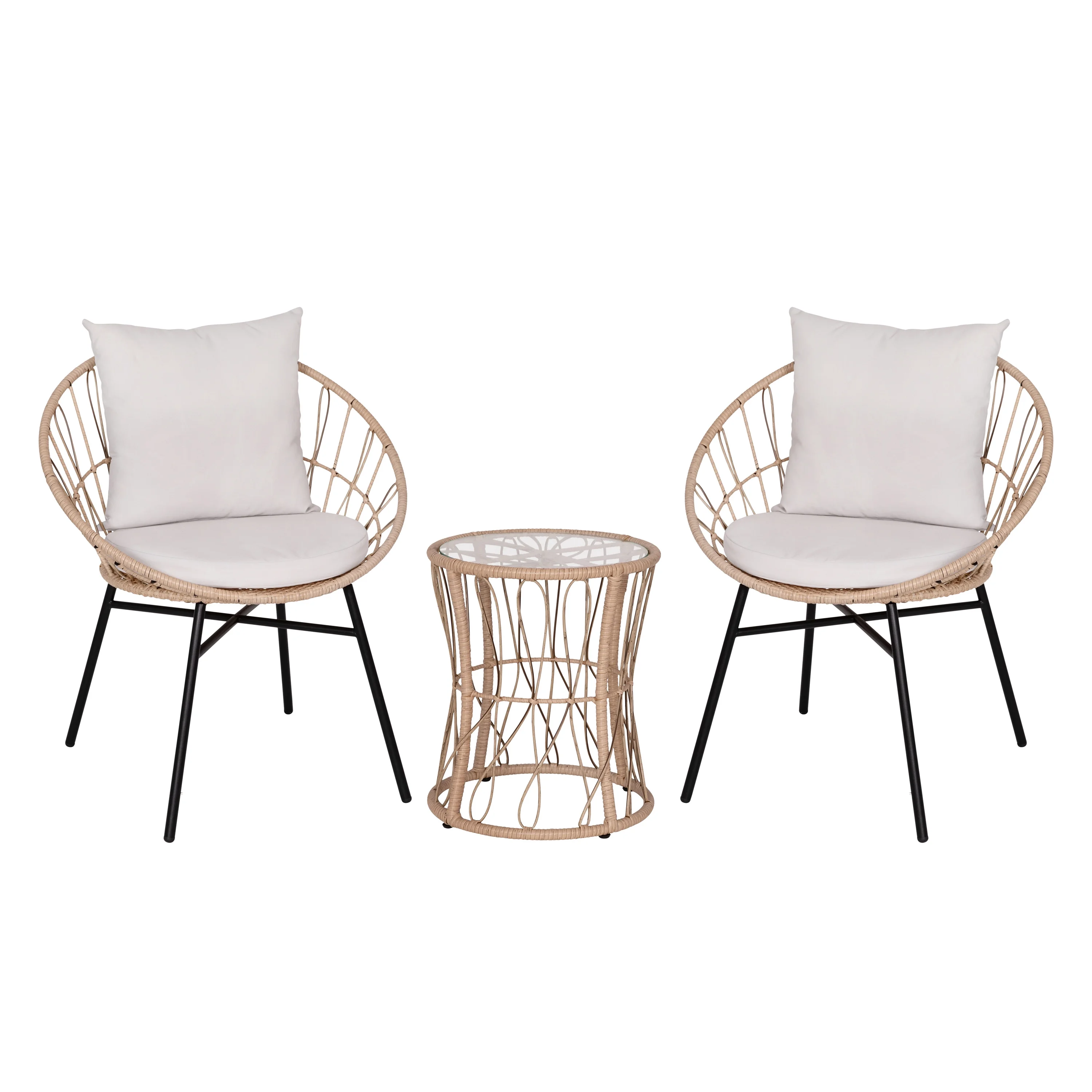 BizChair 3-Piece Tan Indoor/Outdoor Bistro Set, Papasan Style Rattan Rope Chairs, Glass Top Side Table & Light Gray Cushions