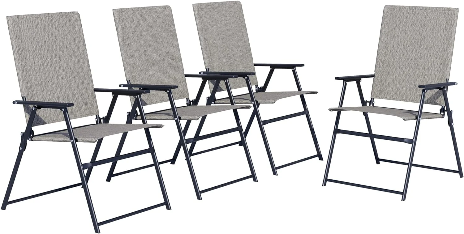4 Pieces Patio Folding Chairs, Outdoor Portable Dining Chairs for Outdoor & Indoor, Sling Back Chairs with Armrests for Lawn, Pool, Courtyard, Balcony & Garden Set of 4 Light Grey