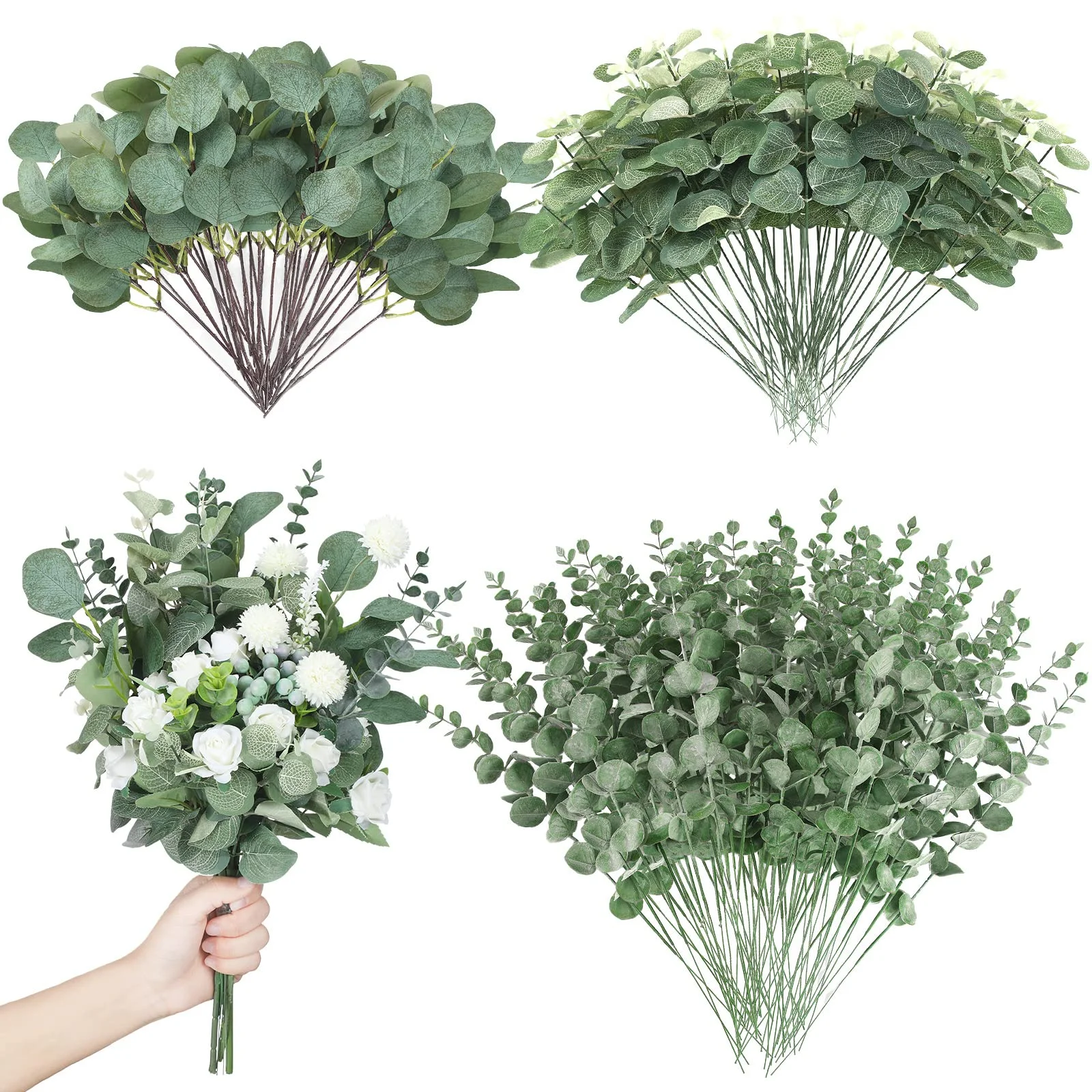 TETOU Artificial Eucalyptus Leaves Stems 3 Kinds Mixed Silver Dollar Eucalyptus Stems for Home Wedding Vase Bouquet Floral Arrangement Decor