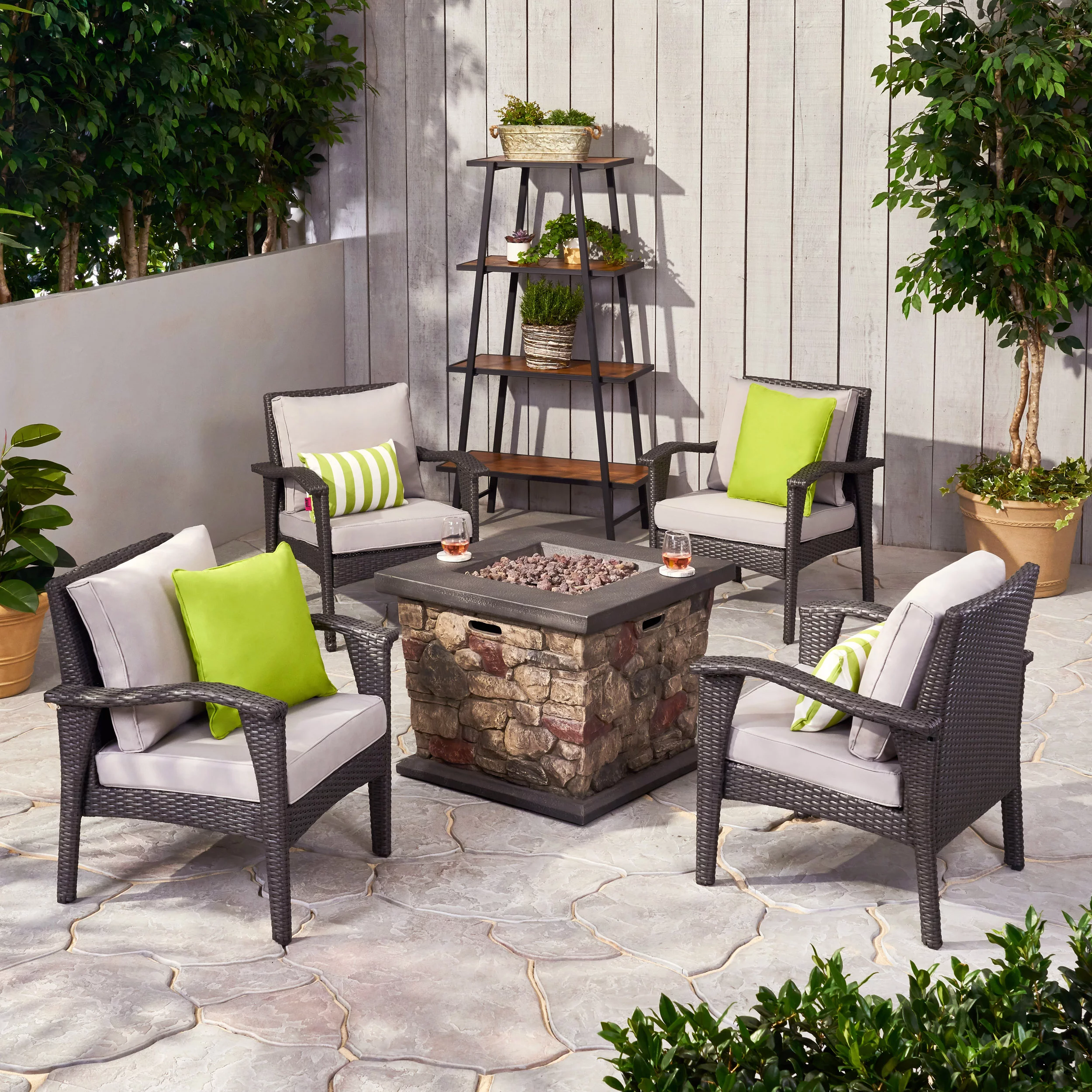 GDF Studio Ella Outdoor 4 Club Chair Chat Set with Fire Pit, Gray and Light Gray