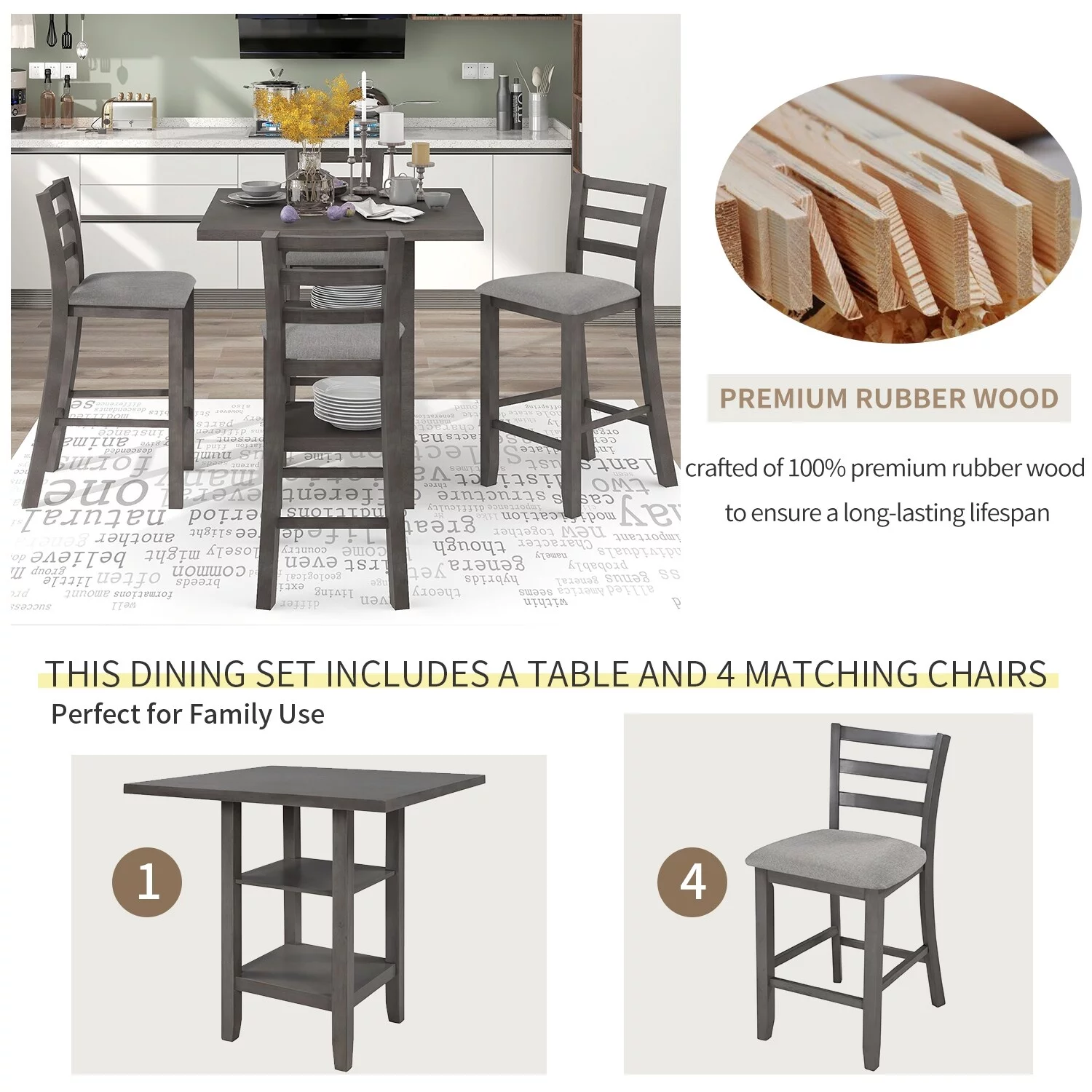 5-Piece Wooden Counter Height Dining Set with Padded Chairs and Storage Shelving Gray