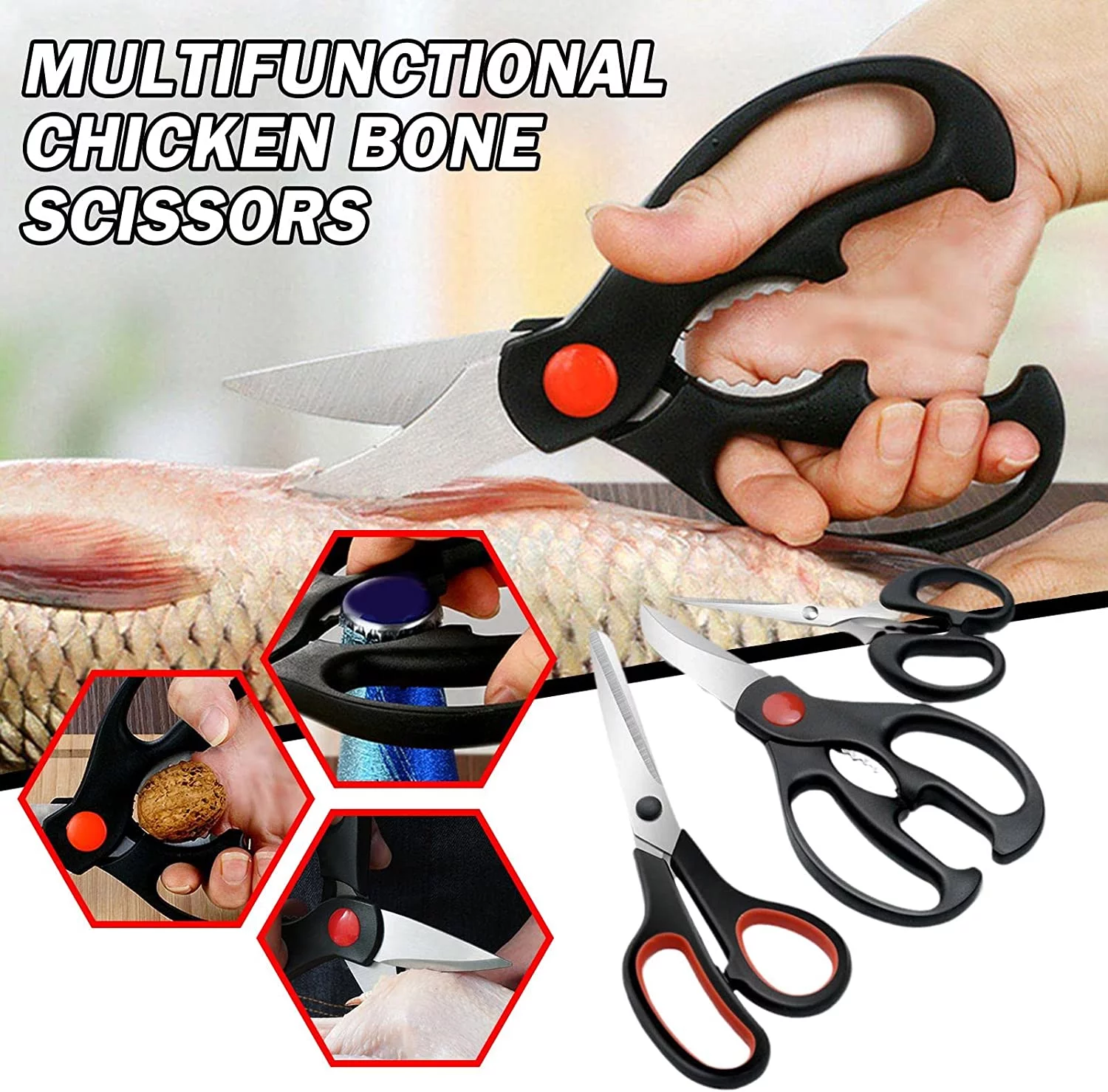 Haomacro Kitchen Scissors, Heavy Duty Meat Scissors Poultry Shears, Dishwasher Safe Food Cooking Scissors Stainless Steel Utility Shears, 3-Pack