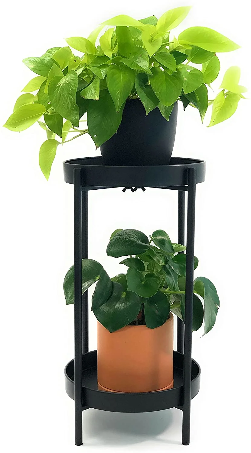 Cotta Planters Metal Plant Stand 2-Tier 23 Inch Tall 12 Inch Wide, Black, No Assemble, Removable Plates, Side Table, Night Stand