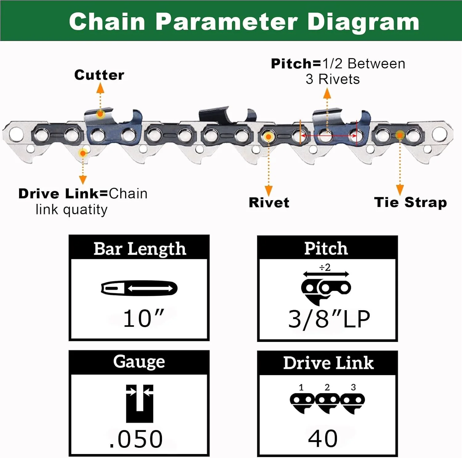 10 Inch Chainsaw Chain & pole saw chain 3 Pack - S40 - .050