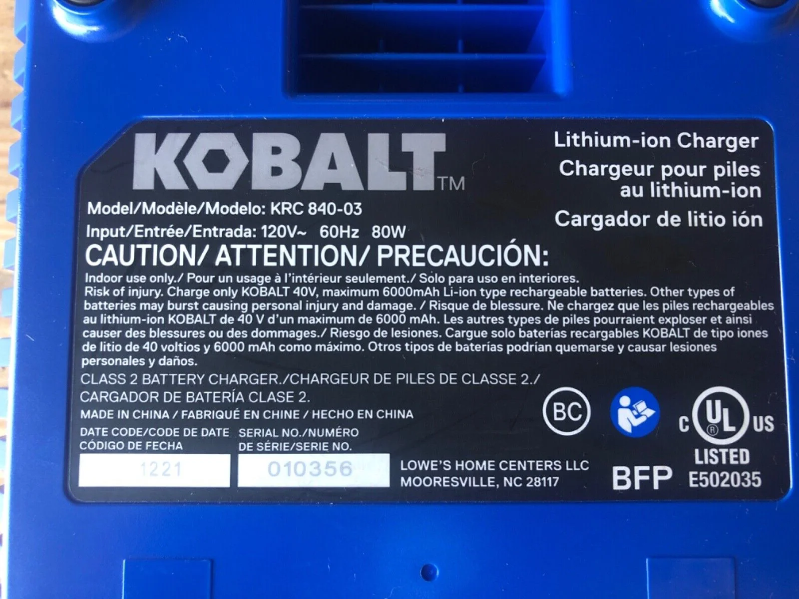 Kobalt  40-Volt 40v Rapid Quick Battery Charger Gen3