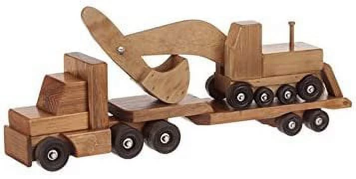 AmishToyBox.com Large Wooden Toy Truck & Flatbed Trailer with Excavator Set