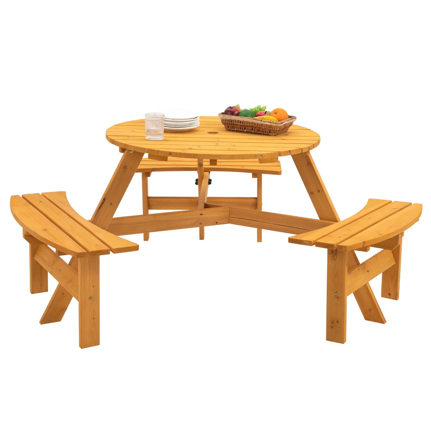 YLtoohoom 6-Person Circular Outdoor Wooden Picnic  for Patio  Backyard  Garden  DIY w/ 3 Built-in   1720lb Capacity - Natural