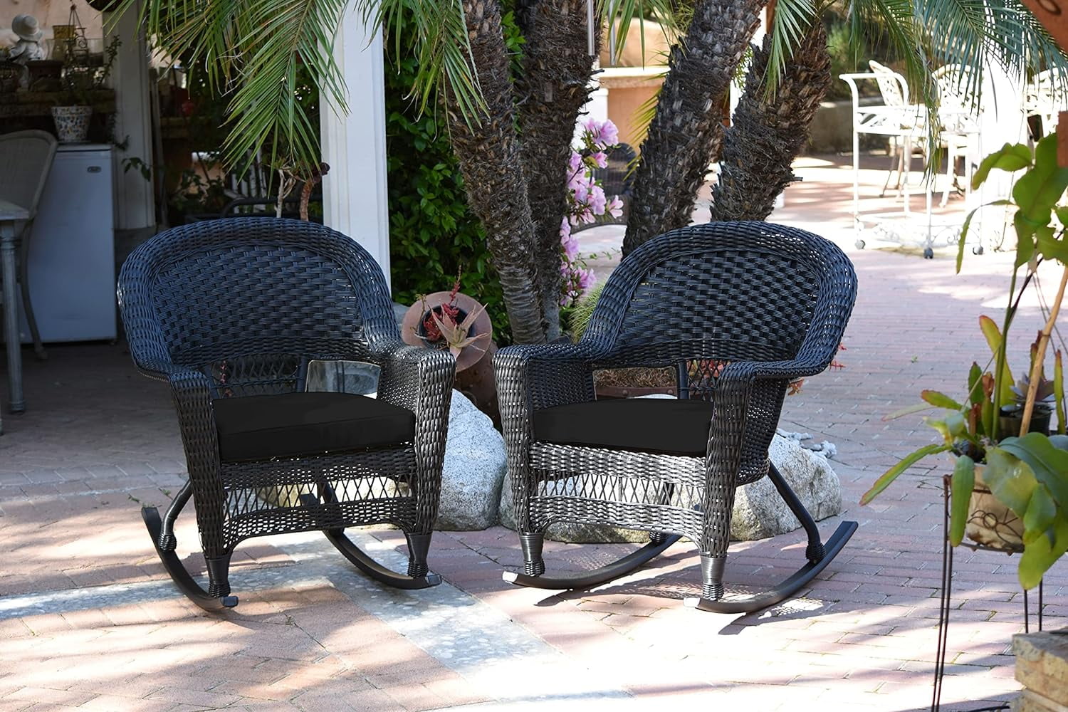 Rocker Wicker Chair with Cushion, Set of 2, Black