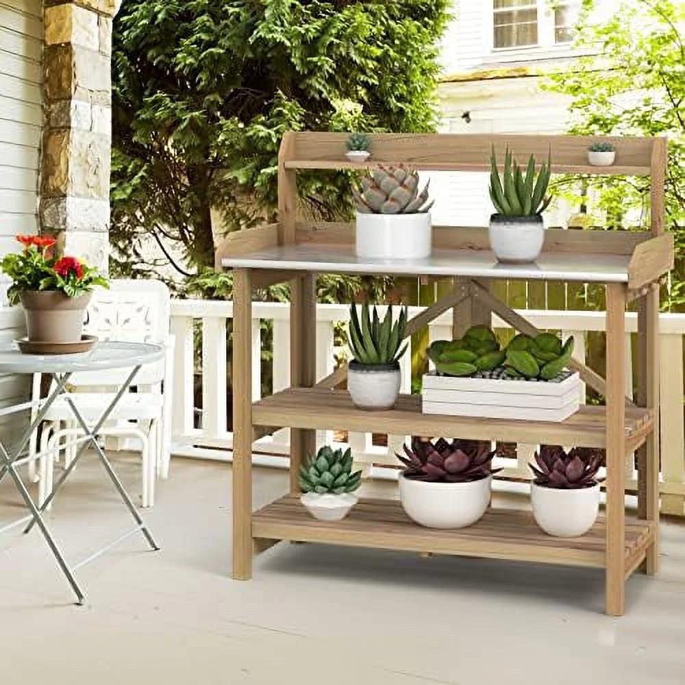 AEFRGHS Garden Potting Bench  Gardening Work Station Table with 2  Shelves  Fir Wood Structure and Metal Tabletop  Gardening Table Potting  for Outside Backyard Balcony