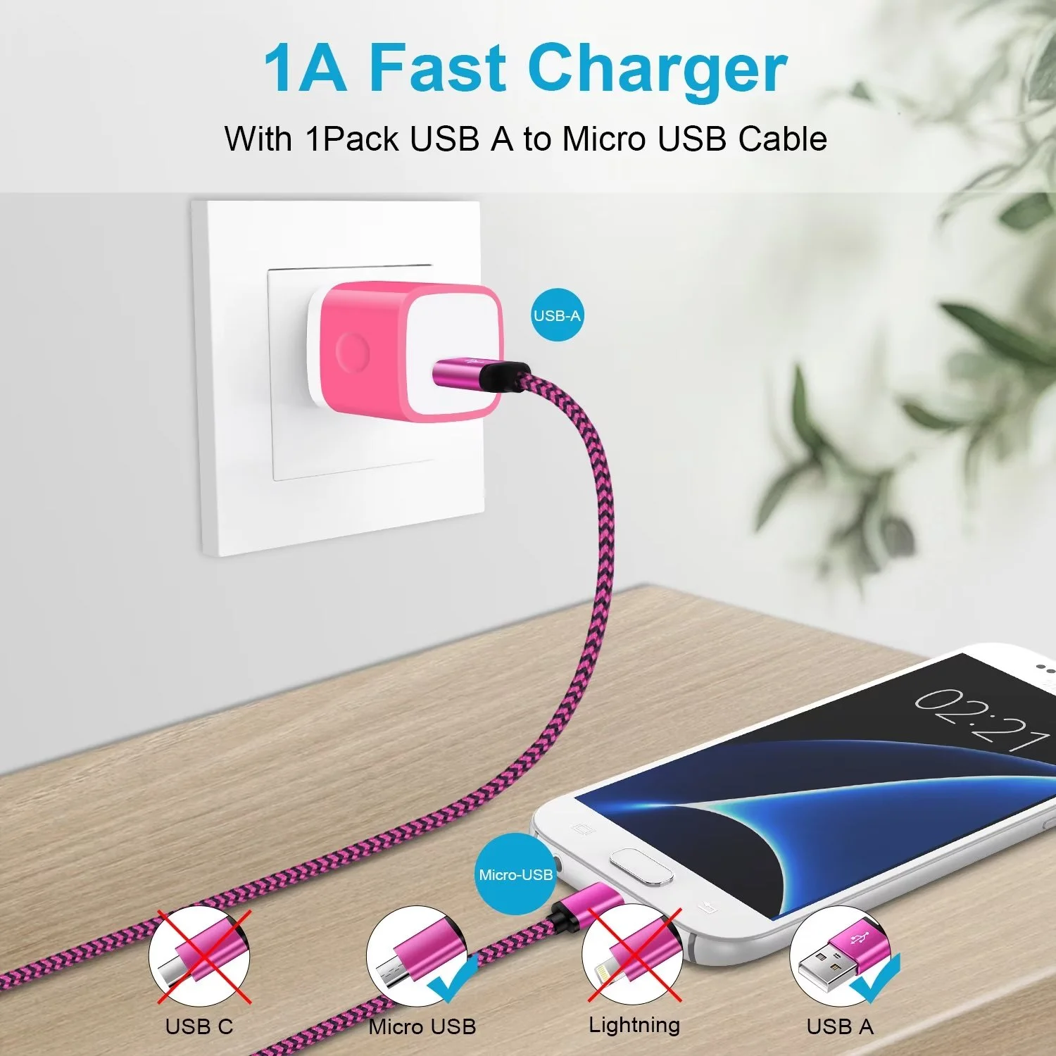 USB Charger Block,FiveBox 1pc 1A USB Wall Charger Block with 1pc USB A to Micro USB Cable 6ft Android Charger Cable USB Charging Cable USB Brick Phone Charger Box USB Plug Fast Charging Block,Rose