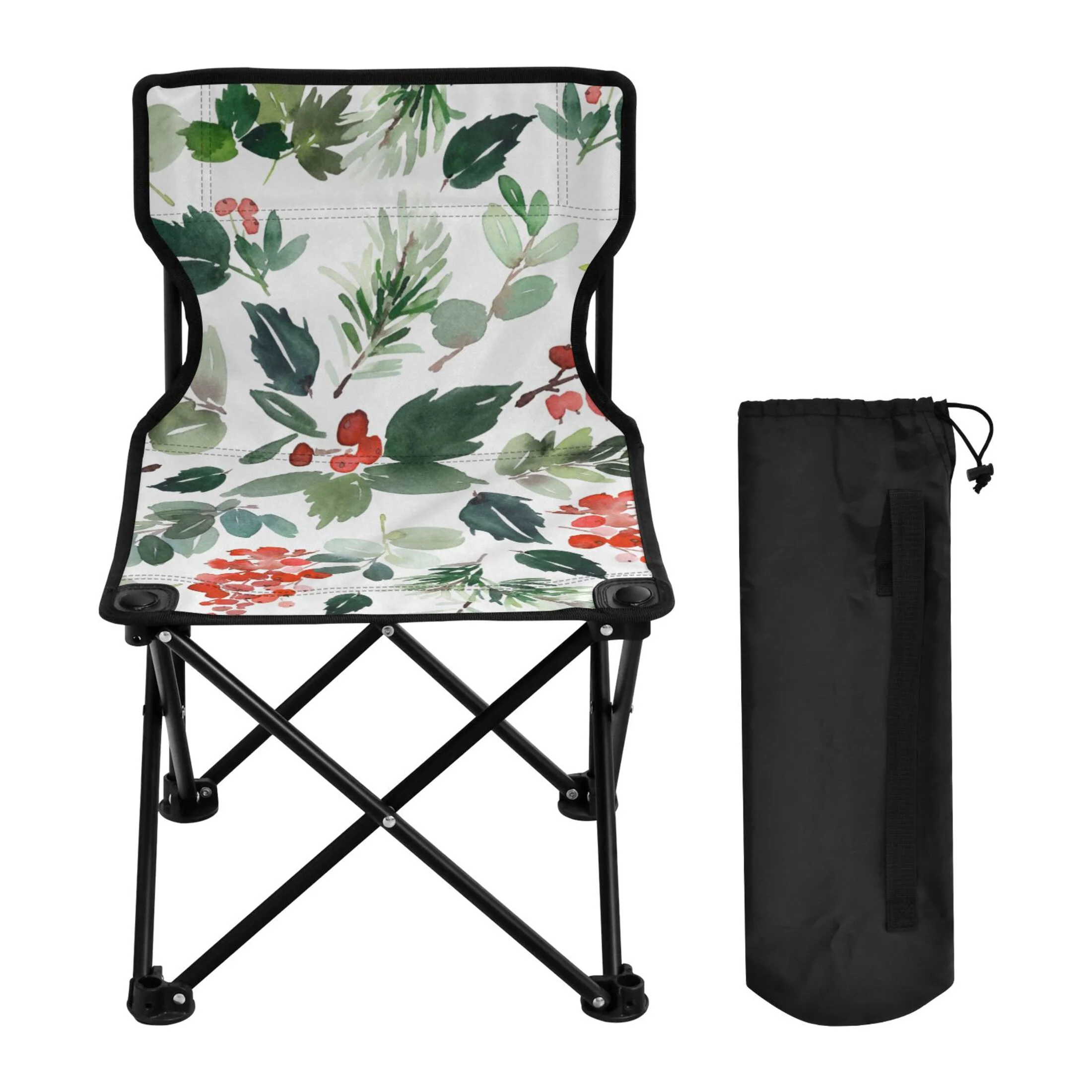 Watercolor Christmas with Berries Portable Camping Chair Small for Kids Outdoor Folding Beach Chair Fishing Chair Lawn Chair with Carry Bag