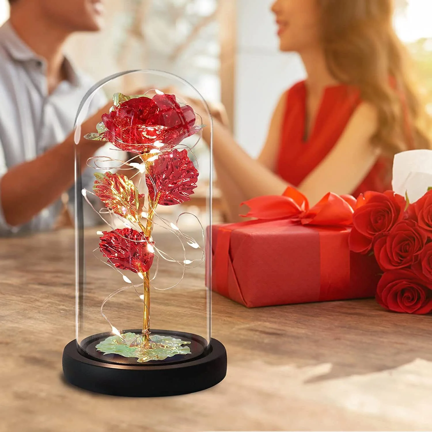 LED Colorful Red Rose Flower with Gold Butterfly Decor in Glass Dome Valentine's Day Mother's Day Holiday Gifts
