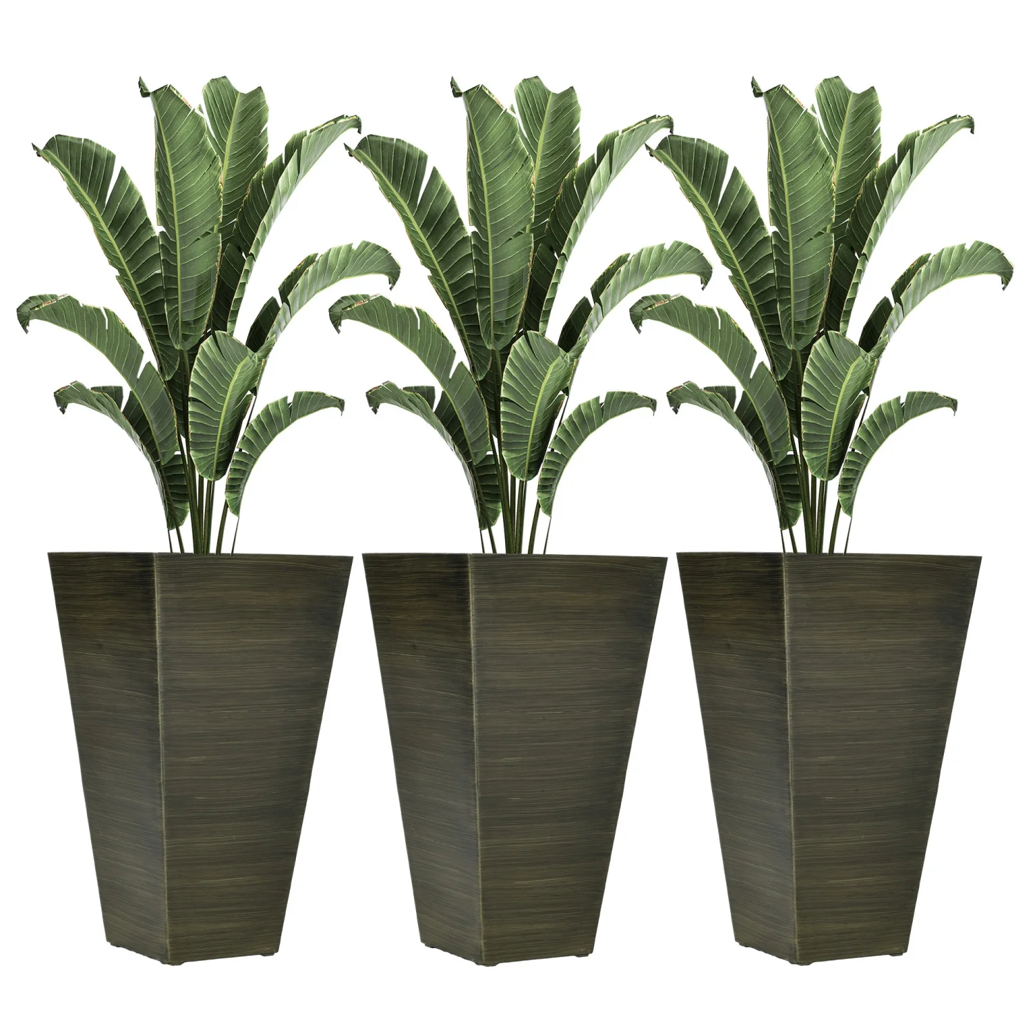 DremFaryoyo 28” Tall Outdoor Planters  Set of 3 Large Taper Planters with Drainage Holes and Plug  Faux Wood Plastic Flower Pots for Outdoor  Indoor  Garden  Patio  Dark Brown