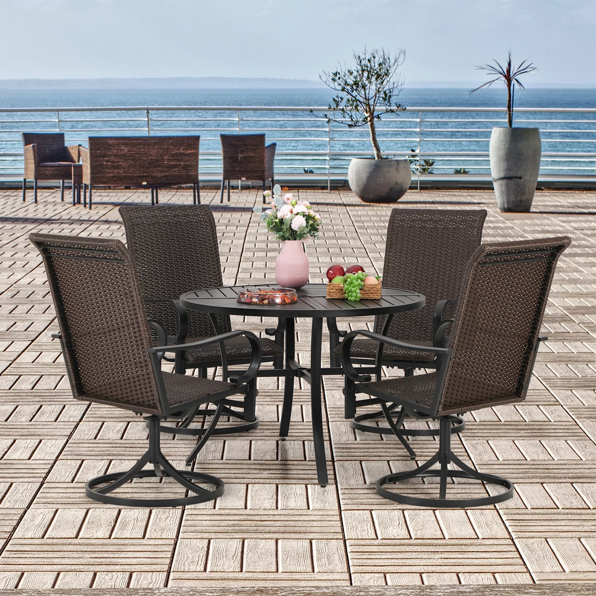 5-Piece Round Table & Rattan Swivel Dining Chairs Outdoor Patio Dining Set