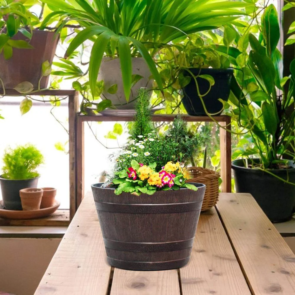 Wooden Barrel Planter Pot Resin Barrel Flower Pot Plant Container for Outdoor or Indoor Decor