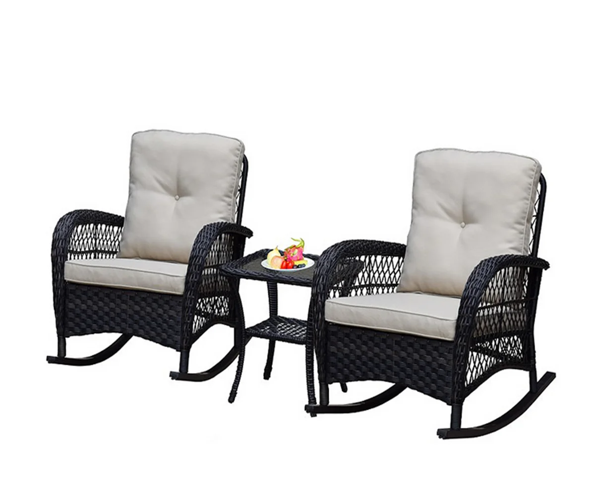 3 Piece Wicker Patio Rocker Sets, Rattan Rocking Furniture Set with Glass Table Dark Brown