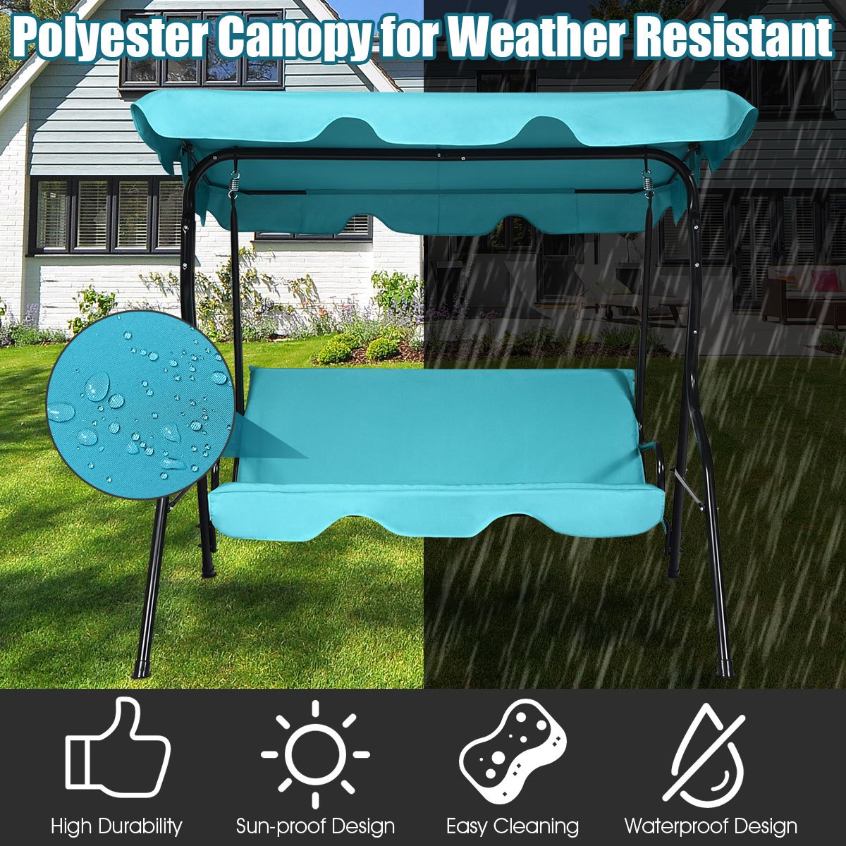 Patio 3 Seats Canopy Swing Glider Hammock Cushioned Steel Frame Backyard Blue