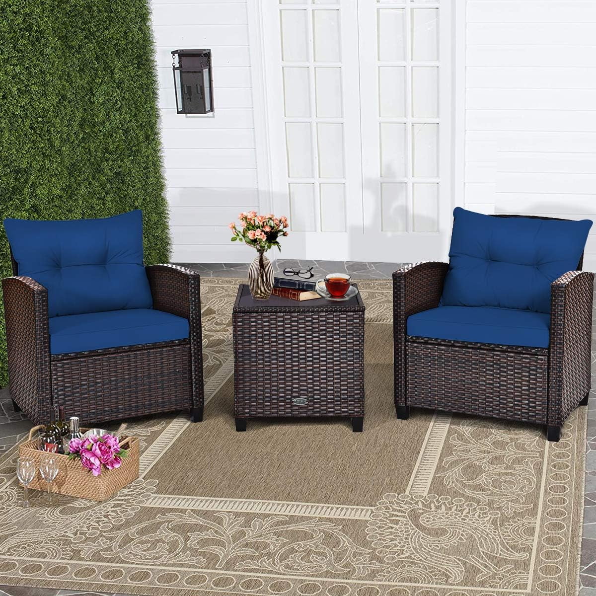 3 Piece Patio Furniture Set, Wicker Bistro Conversation Set W/ 2 Cushioned Armchairs & Glass Topped Table, Outdoor Rattan Sofa Set Patio Furniture For Porch Balcony Poolside (Navy Blue)