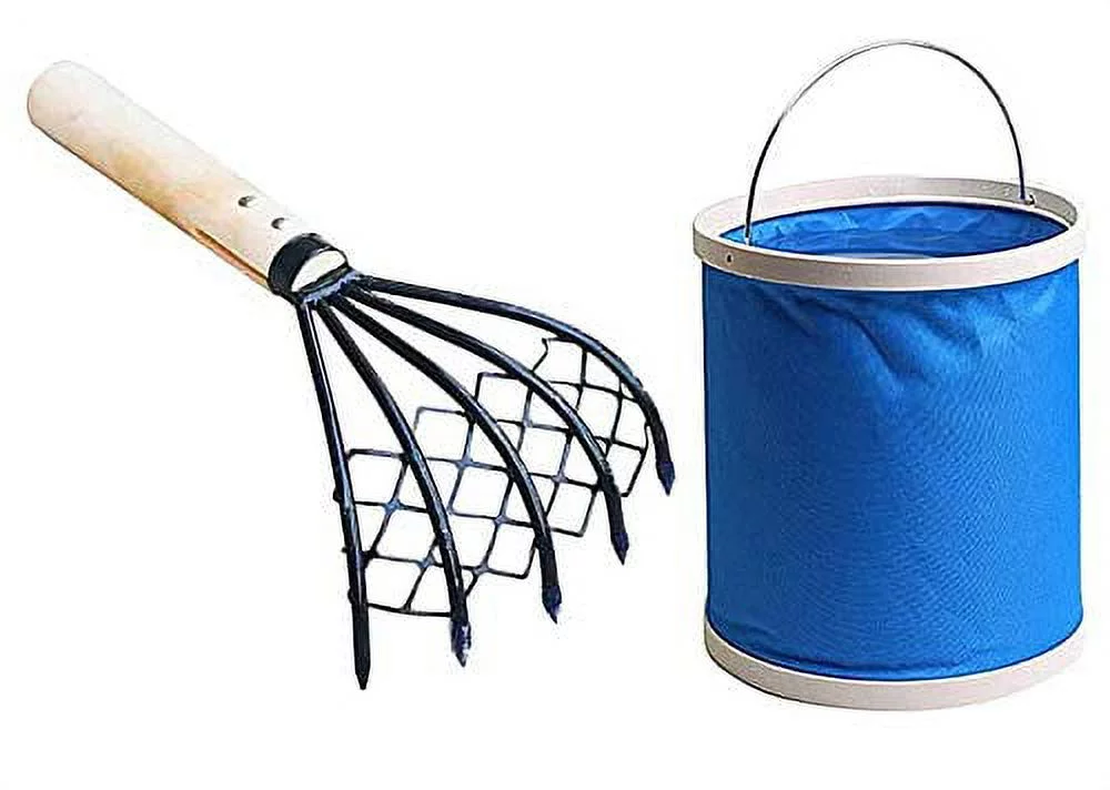 Chunhong 5-Tine Ninja Steel Claws Hand Rake with Mesh Net, Clam Fork, Short Wooden Handle, Ergonomic, Non-Slip, Lightweight, Sturdy, Compact - Comes with Portable Folding Bucket (Blue)